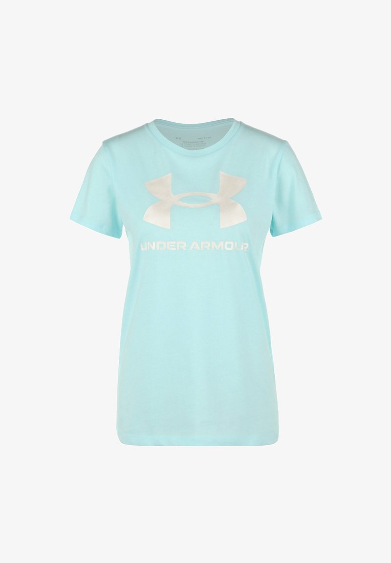 Vaaleansininen puuvillapaita, jossa on pyöreä pääntie. Paidassa on suuri valkoinen Under Armour -logo keskellä ja lyhyet hihat.