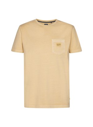 Tricou galben cu mânecă scurtă din bumbac moale, cu un buzunar pe piept și detalii cu etichetă. Guler rotund și croială lejeră. Textură fină.