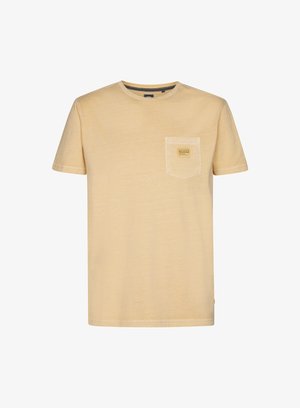 Geel t-shirt met korte mouwen van zachte katoen, voorzien van een borstzak en een labeldetail. Ronde hals en relaxte pasvorm. Soepele textuur.