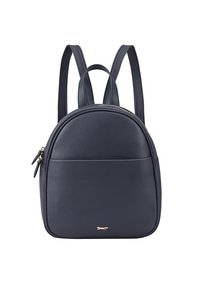 Sac à dos en cuir bleu marine, de forme arrondie, avec des détails en métal doré et des bretelles réglables. Il possède une poche avant.