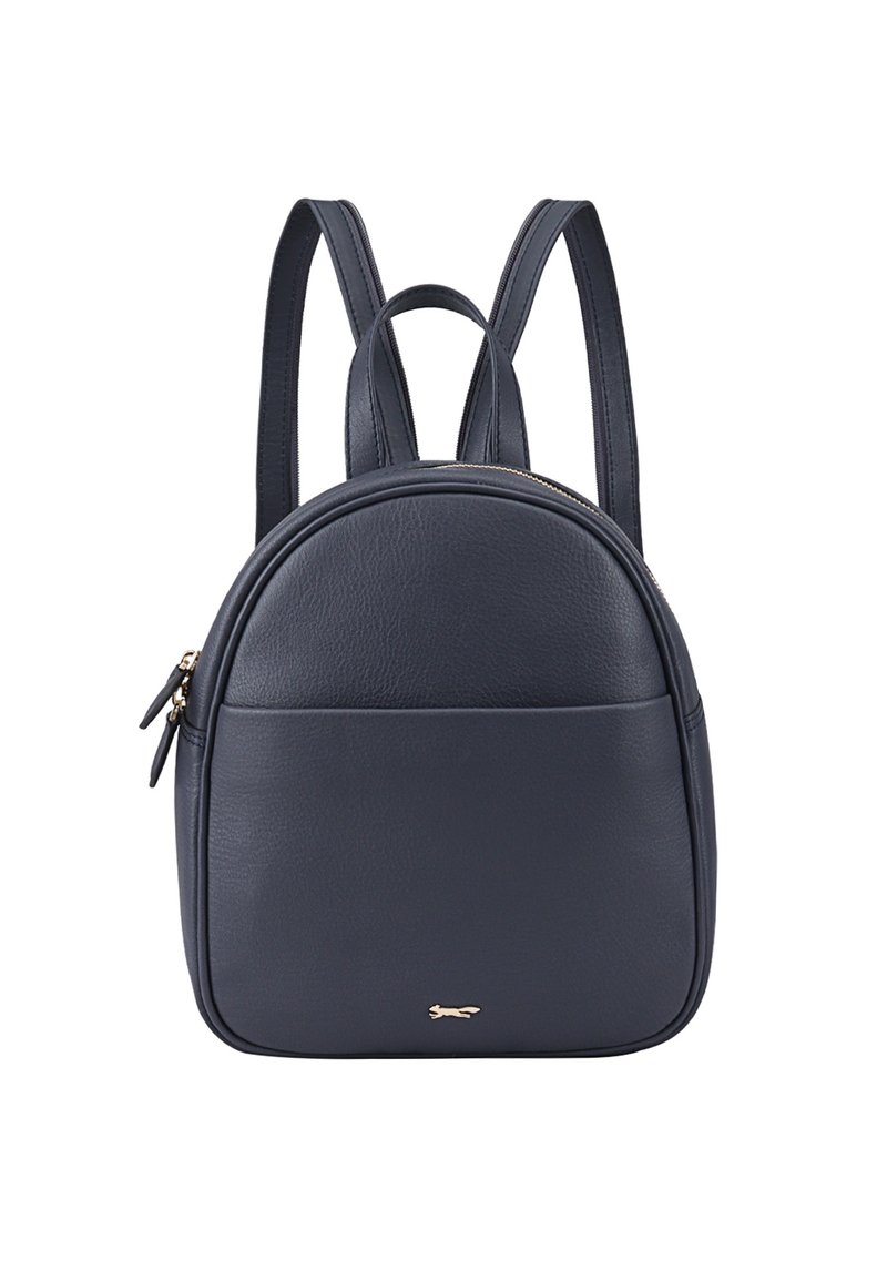 Sac à dos en cuir bleu marine, de forme arrondie, avec des détails en métal doré et des bretelles réglables. Il possède une poche avant.