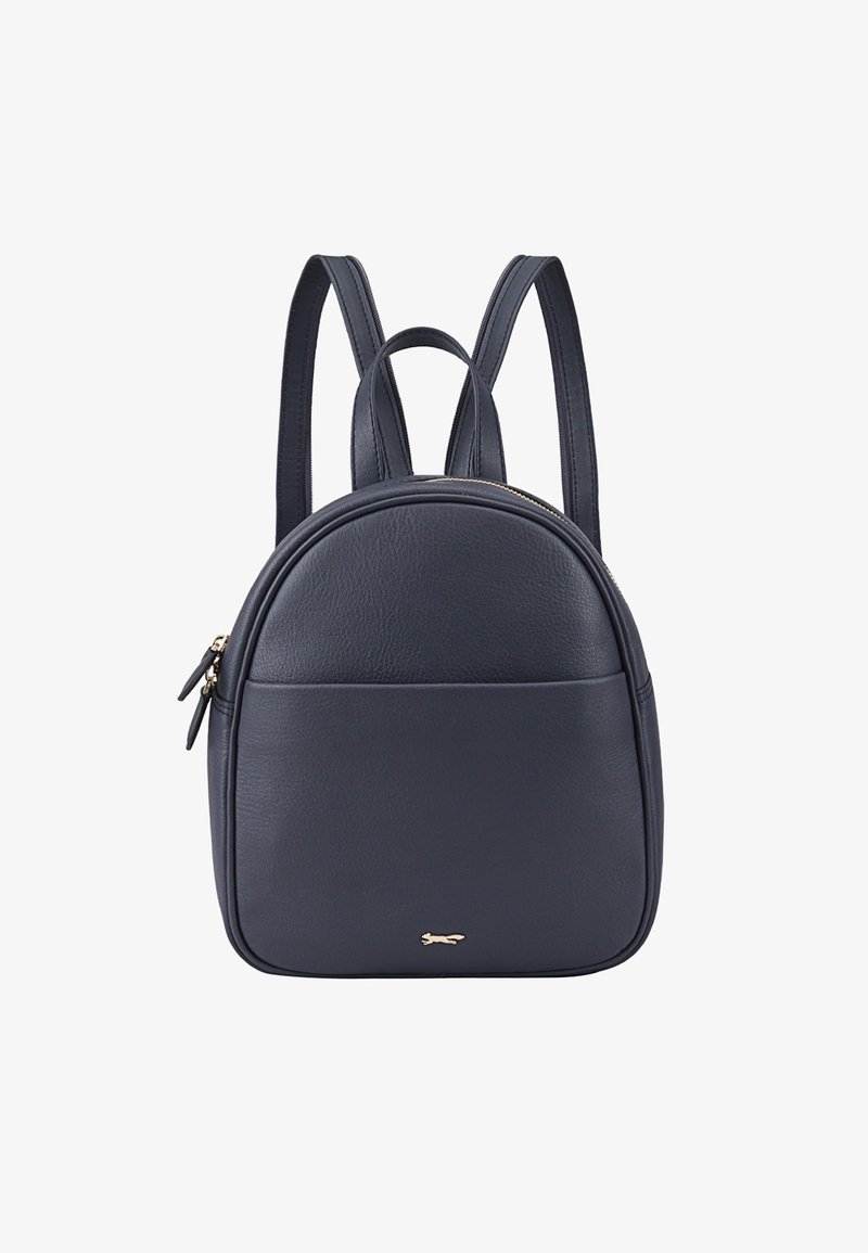 Donkerblauwe leren rugzak met afgeronde vorm, gouden ritsaccenten en verstelbare schouderbanden. Voorzien van één voorkantvak.