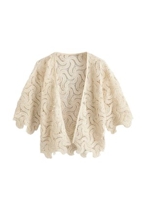 Cremefarbener Spitzen-Cardigan mit offenem Vorderteil, gezackten Kanten und wellenförmigem Blumen-Crochet-Muster, mit Ellbogen-langen Ärmeln.