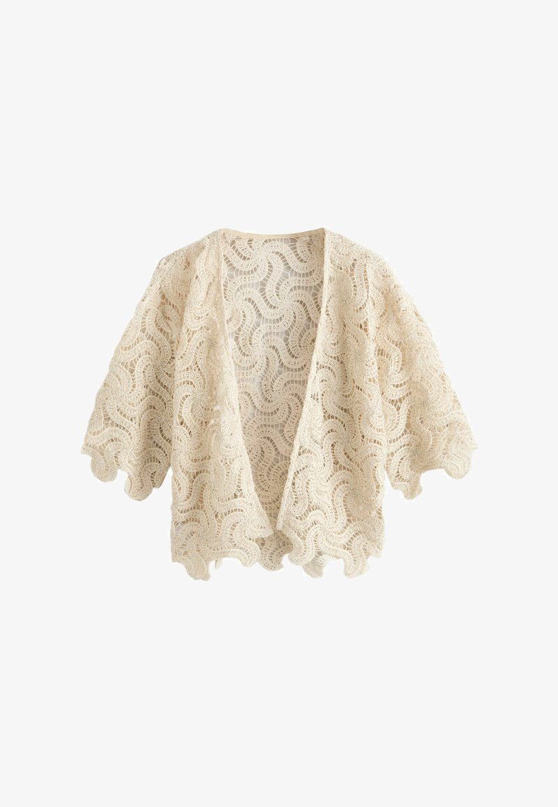 Cream-colored open-front lace cardigan with scalloped edges and wavy floral crochet pattern, featuring elbow-length sleeves.