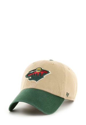 Khaki baseball cap with a green brim, featuring an embroidered red and green mountain logo. Soft, durable fabric with a structured design.
