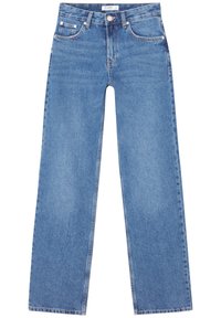 Jeans de pierna ancha de color azul claro, fabricados en denim, con un diseño clásico de cinco bolsillos, cierre frontal con botón y un ligero desvanecimiento.