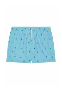 Shorts de baie de culoare albastru deschis, cu talie elastică și șnur. Prezintă modele colorate brodate cu ananas, flamingo și palmieri.