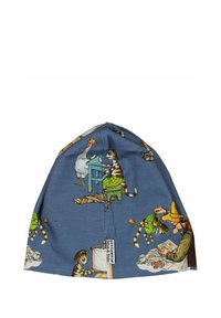 Sininen puuvillapipo, jossa on leikisiä eläin- ja hahmo-illustratioita, pehmeä rakenne ja tikattu etiketti alareunassa.