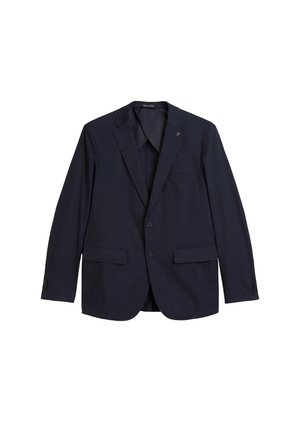 Navy blazer made of cotton fabric, featuring a notched lapel, two front pockets, two-button closure, and a subtle logo detail on the lapel.