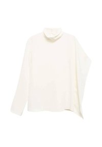 Blusa bianca a collo alto con maniche lunghe, design drappeggiato, texture morbida e stile minimalista. Presenta chiusura con bottone sul retro.