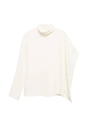 Vit blus med hög krage och långa ärmar, draperad design, mjuk textur och minimalistisk stil. Har knäppning bak.