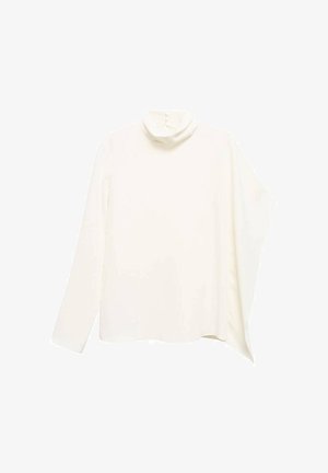 Blouse blanche col montant avec manches longues, design drapé, texture douce et style minimaliste. Présente une fermeture à boutons au dos.