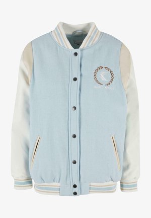 Világoskék sportdzseki krémszínű ujjal, gombos elülső részel, bordás gallérral és mandzsettákkal, hímzett logóval és oldalsó zsebekkel.