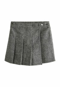 Grå hundtandsskjorta med plisserad design, midjeband med bälteshällor och en dekorativ sidoknapp. Tillverkad i textil med struktur.