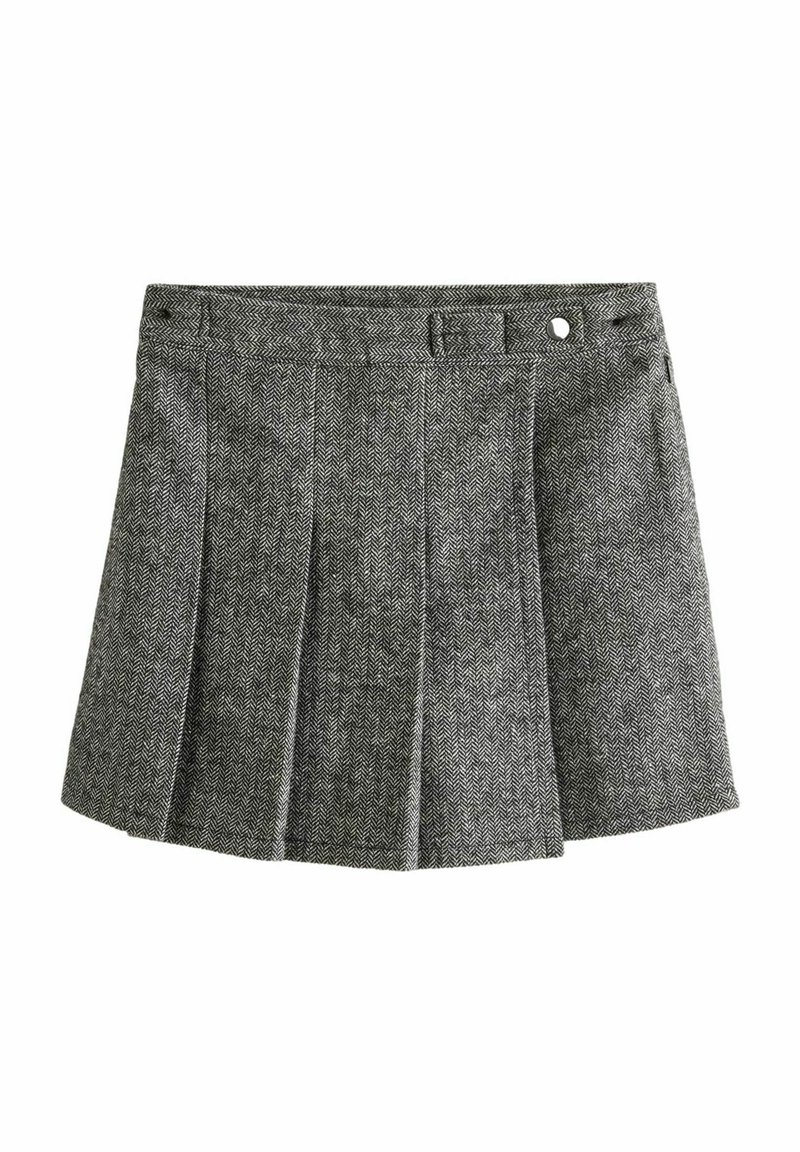 Grå hundtandsskjorta med plisserad design, midjeband med bälteshällor och en dekorativ sidoknapp. Tillverkad i textil med struktur.