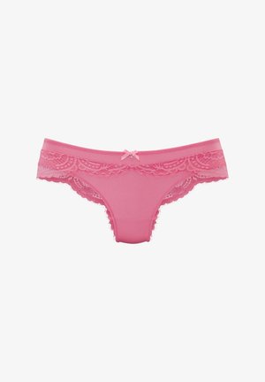 Pink lace-trimmed underwear with a smooth fabric body, scalloped edges, and a small bow detail at the front center.