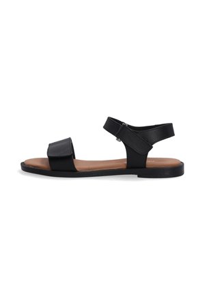 Black leather sandals with two straps, a flat sole, and a brown interior. Features an adjustable ankle strap and minimalistic design.