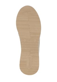 Schoenenonderzijde van beige rubbermateriaal, gestructureerd voor grip, met horizontale en verticale lijnen, met 'remonte' branding in het midden.