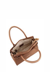 Tan leren handtas met een bovenrits en twee handvatten, met een beige interieur en meerdere vakken. Accenten in goudkleurige hardware.