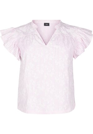 Blouse à manches courtes rayée rose et blanche avec un col en V, dotée de manches évasées et d'une coupe légèrement ample. Matière en coton doux.