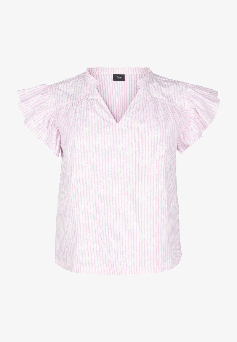 Blouse à manches courtes rayée rose et blanche avec un col en V, dotée de manches évasées et d'une coupe légèrement ample. Matière en coton doux.