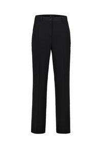 Black trousers made of woven fabric, featuring a straight-leg cut, a front button closure, and angled side pockets.