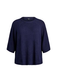 Jersey de punto azul marino de manga corta y cuello redondo. Presenta un tejido texturizado y un corte relajado y cuadrado. Sin cierres visibles.