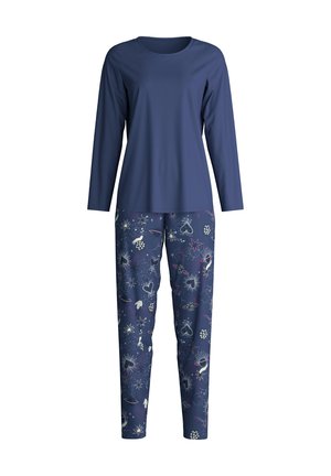 Maglia a maniche lunghe blu navy con scollatura rotonda e tessuto morbido; pantaloni del pigiama abbinati con motivi celestiali colorati su uno sfondo scuro.