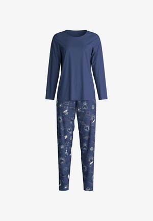 Haut à manches longues bleu marine avec un col rond et un tissu doux ; pantalons de pyjama assortis avec des motifs célestes colorés sur un fond sombre.
