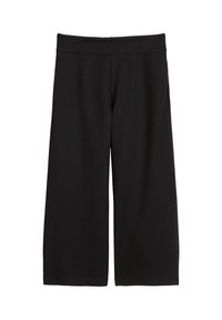 Pantalons culottes noirs en matériau doux et extensible. Dotés d'une large ceinture et de deux poches latérales. Texture lisse, design à longueur de genou.