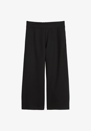 Schwarze Culotte-Hosen aus weichem, elastischem Material. Mit einem breiten Bund und zwei Seitentaschen. Glatte Textur, knielanges Design.