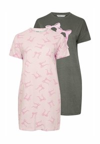 Due due vestaglie a maniche corte: una rosa con motivo a fiocchi rosa, l'altra grigia scuro con una grande grafica a fiocco rosa. Entrambe realizzate in tessuto morbido.
