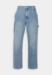 Light blue denim cargo pants with a straight leg design, featuring side pockets and a button closure at the waist.
