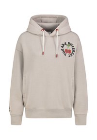 Beige hoodie met een voorzak, capuchon met trekkoord en contrasterende rode accenten. Heeft een grafisch ontwerp met kersen en tekst op de borst.