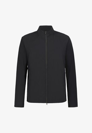 Veste légère noire à manches longues avec une fermeture éclair frontale, présentée sur un fond blanc.