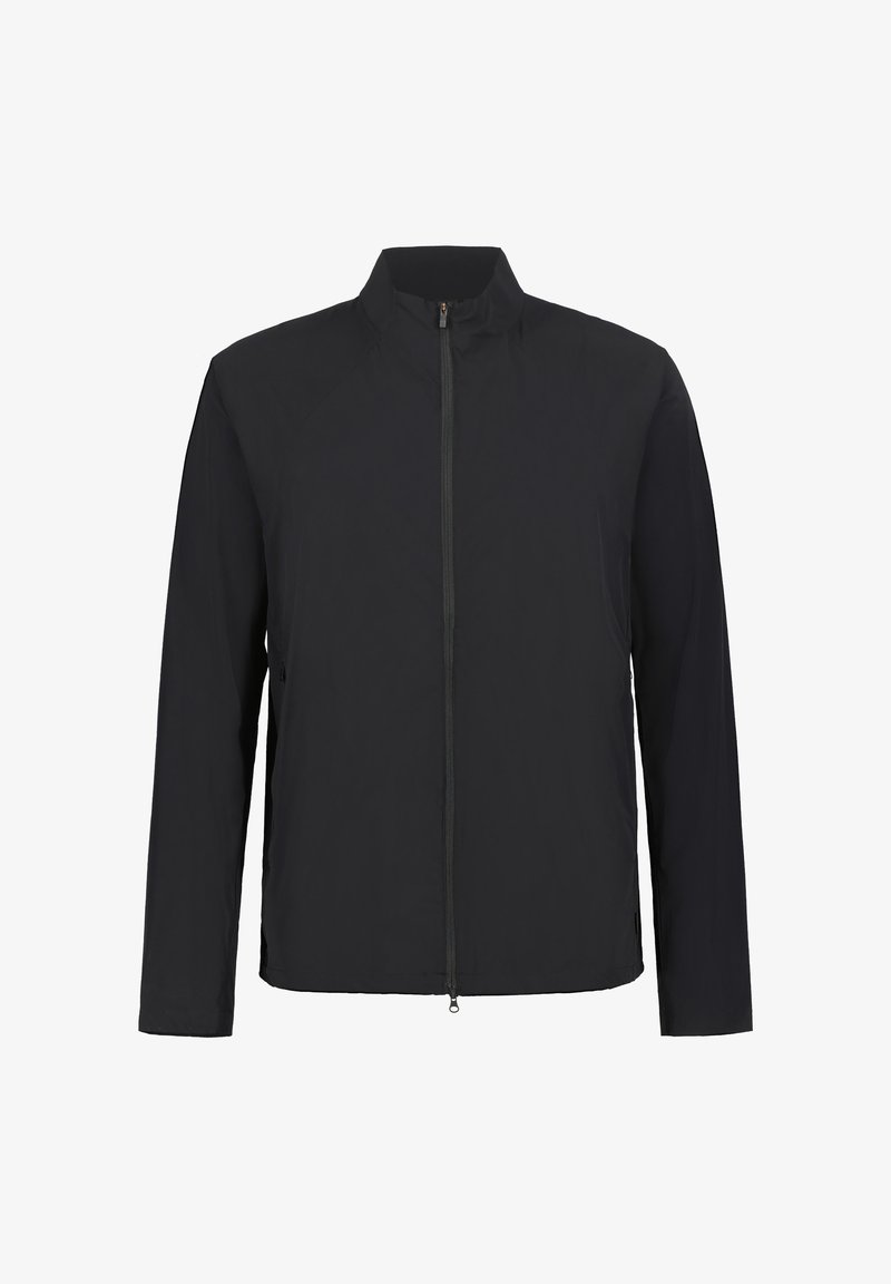 Černá lehká bunda s dlouhými rukávy a předním zipem, zobrazena na bílém pozadí.