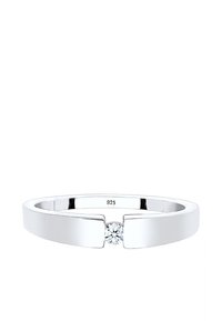 Ehering aus Sterlingsilber mit einem schlanken Band, einem kleinen runden klaren Stein in der Mitte und einem geteilten Designelement auf beiden Seiten.