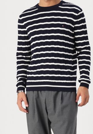 Man met een marineblauwe kabelgebreide trui met witte horizontale strepen en grijze broek, staande met de handen langs het lichaam.