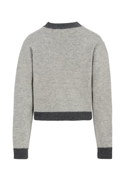 Maglione grigio corto con un colletto e polsini a coste di grigio scuro. Texture morbida, design semplice, stile aderente e maniche lunghe.