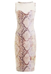 Robe sans manches ajustée avec un motif serpent dans des couleurs pastel douces. Présente un empiècement transparent et un décolleté structuré en cœur.