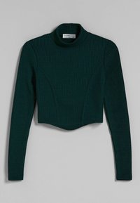 Mörkgrön ribbad polotröja med långa ärmar och en kortare design. Tyget har en strukturerad yta med subtila sömdetaljer.