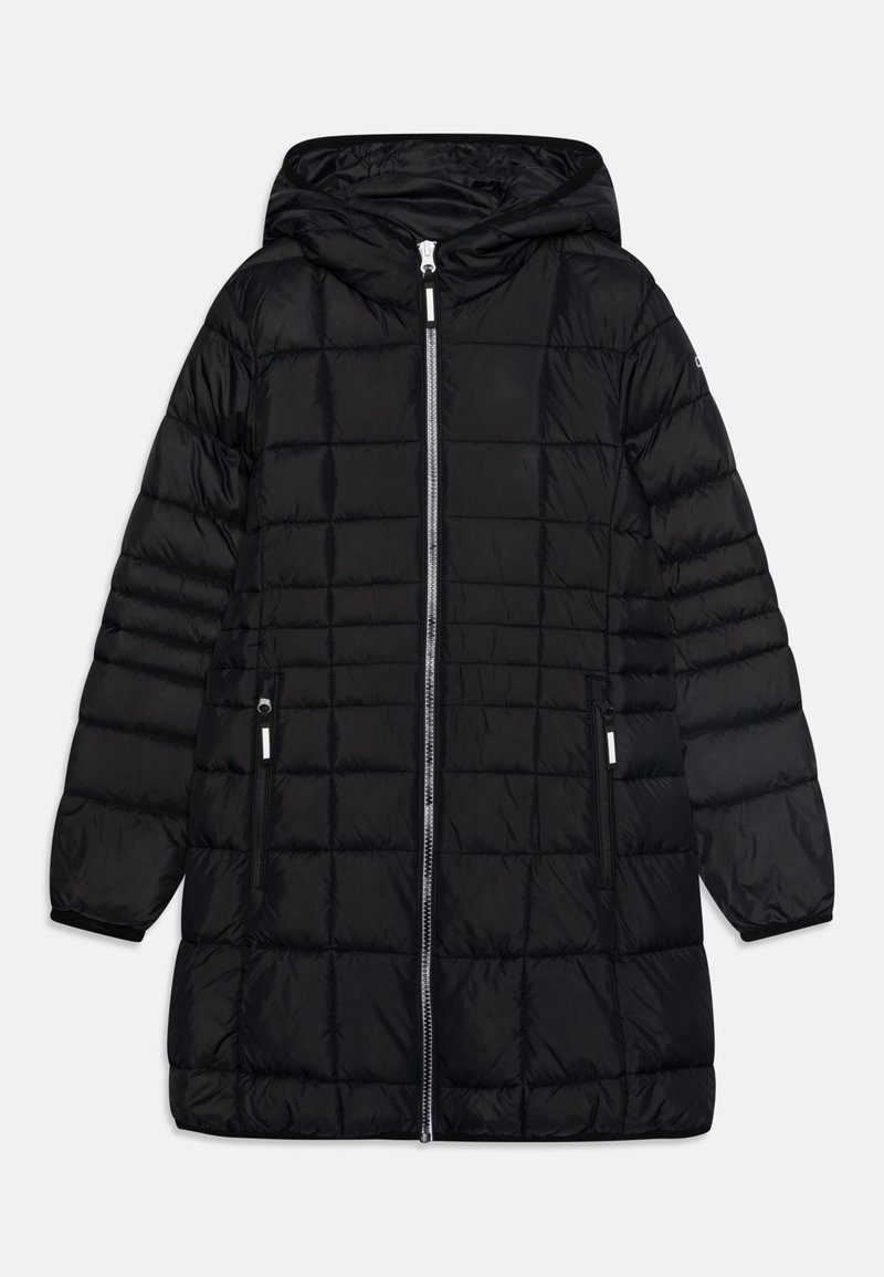 Čierna páperová bunda s kapucňou, s prešívaným dizajnom, predným zipsom a bočnými vreckami. Hladký povrch, ľahký materiál.