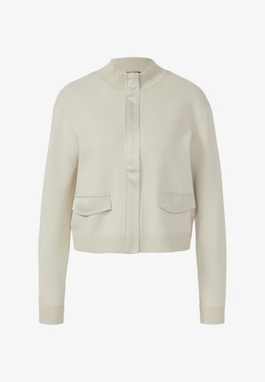 Hellcremefarbener, langärmeliger Strickcardigan mit gerippten Bündchen und Saum, vorderen Klappentaschen und einem verdeckten Verschluss vorne.