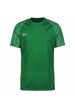 T-shirt de sport vert à manches courtes avec des manches à motifs et le logo Nike blanc sur le côté gauche de la poitrine.
