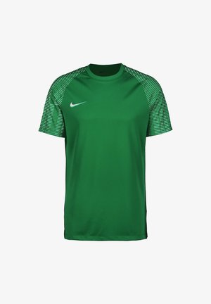 Grünes kurzärmeliges Sportshirt mit gemusterten Ärmeln und weißem Nike-Logo auf der linken Brust.