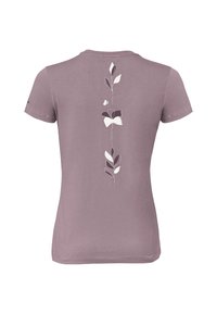 Krátký rukáv levandulové tričko vyrobené z měkké tkaniny, s květinovým vzorem s listy a motýlem v kontrastních barvách na zadní straně.