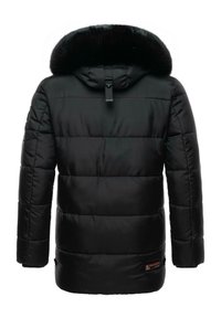 Jachetă puffer neagră cu glugă din blană sintetică detașabilă, cusături orizontale și un logo mic pe marginea de jos.