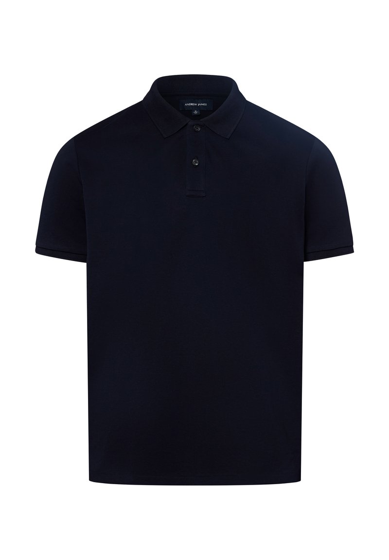 Dunkelblaues Poloshirt aus Baumwolle mit einem Kragen, kurzen Ärmeln, einer Knopfleiste mit drei Knöpfen und subtiler Textur.