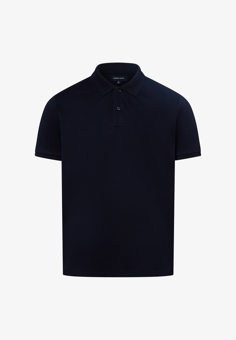 Dunkelblaues Poloshirt aus Baumwolle mit einem Kragen, kurzen Ärmeln, einer Knopfleiste mit drei Knöpfen und subtiler Textur.