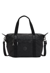 Black fabric tote bag with a geometric pattern, zip closure, two top handles, detachable shoulder strap, and a front zip pocket.